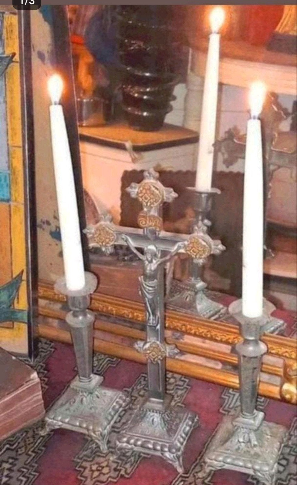 Antiek Crucifix met Kandelaars - Religieuze Decoratie, Antiek en Kunst, Antiek | Religie, Ophalen of Verzenden