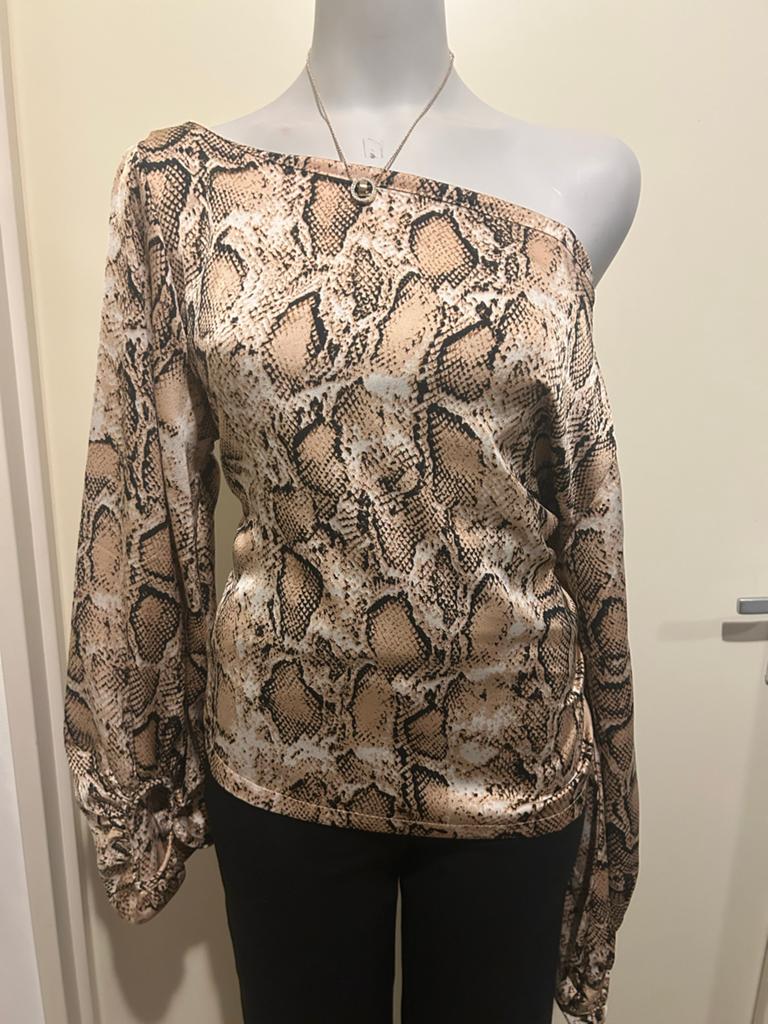 DELOUSION by Sou One Shoulder Top Slangenprint Maat M, Maat 38/40 (M), Beige, Ophalen of Verzenden, Zo goed als nieuw