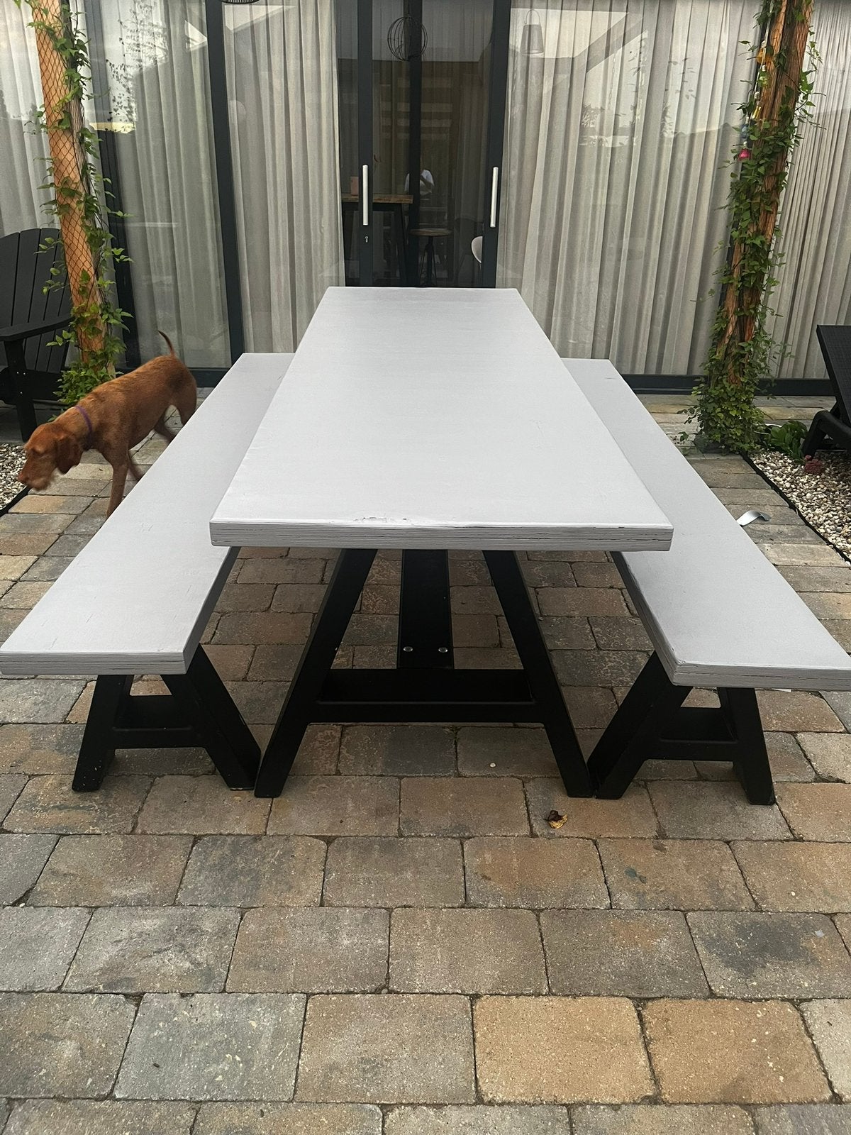 Robuuste tuintafel met bank met stalen onderstel, Ophalen of Verzenden, Gebruikt, Rechthoekig, Staal