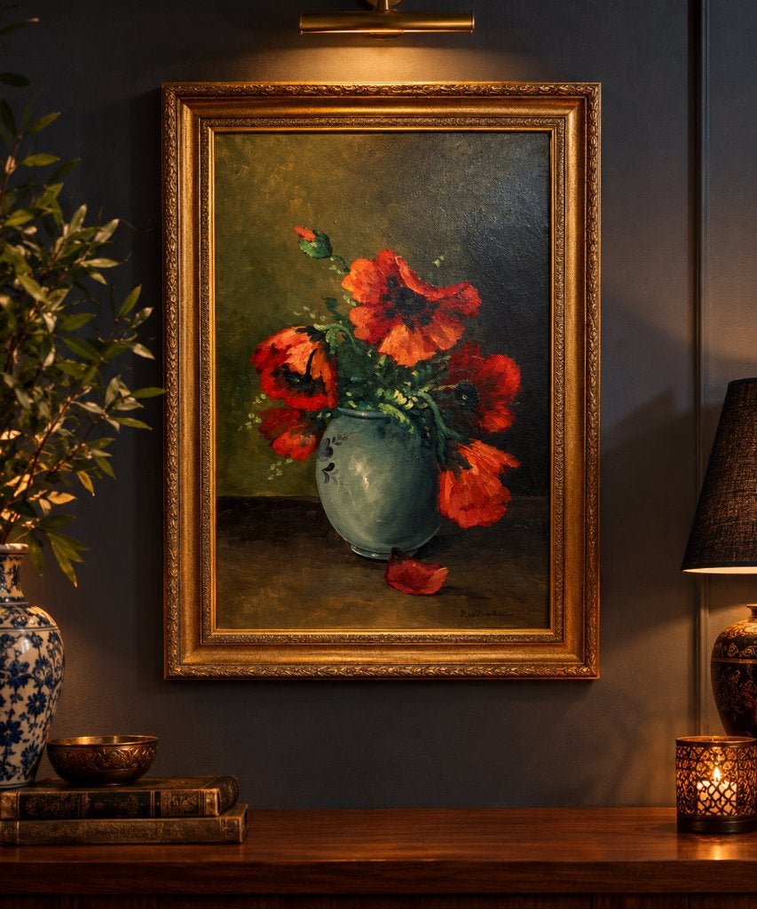 Antiek olieverfschilderij – Klaprozen in Vaas (Tilly Moes), Ophalen of Verzenden, Bloemen