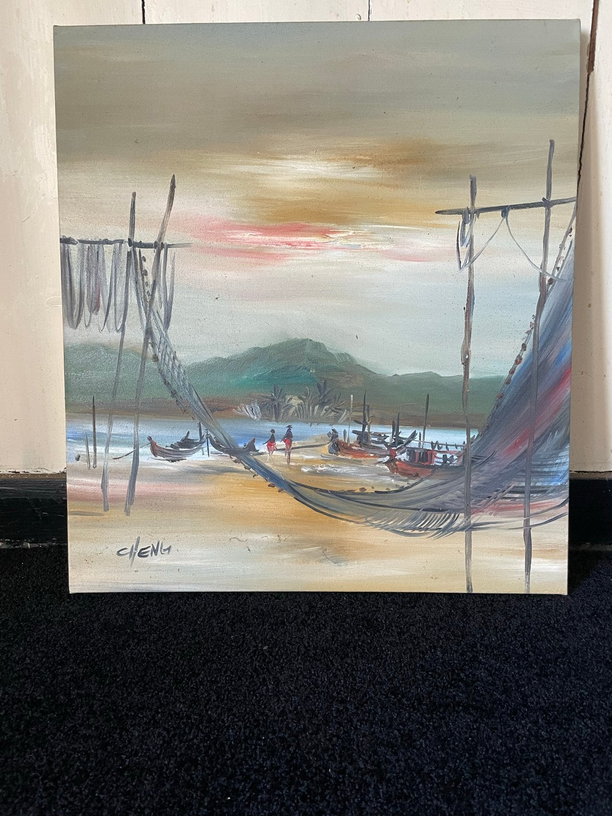 Schilderij 40x50cm - Aziatisch Landschap met Boten, Textiel, Landschap, Ophalen, Gesigneerd