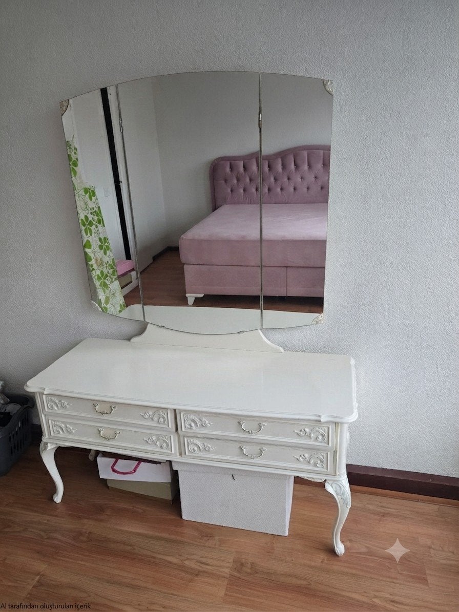 Vintage Kaptafel met Spiegel en 2 Nachtkastjes - Crème, Ophalen, Gebruikt, 65 cm of meer, 70 cm of meer