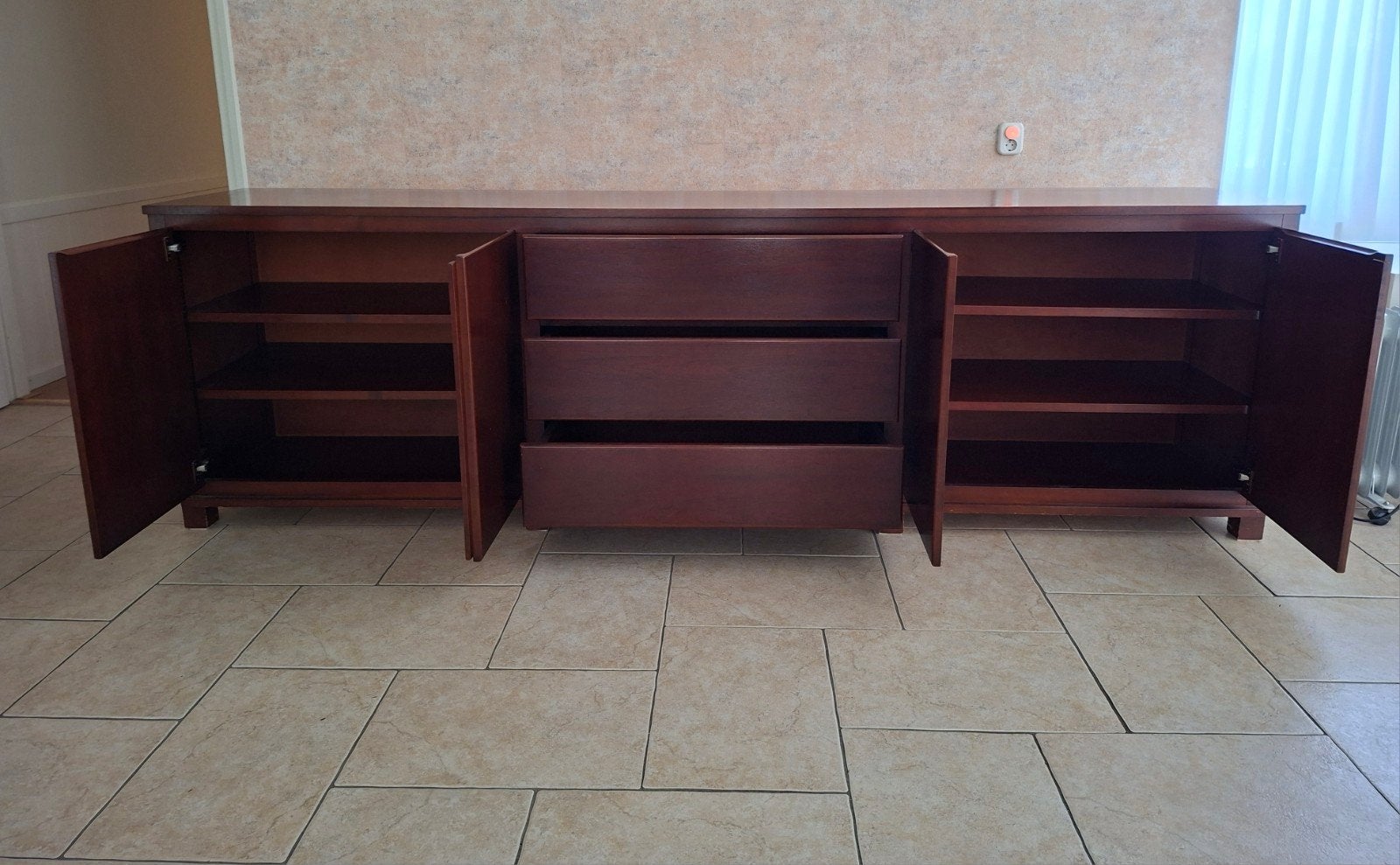Prachtig Mahonie/Kersen Zwaar Massief Handgemaakt Dressoir, Ophalen, Gebruikt, Met deur(en), 200 cm of meer