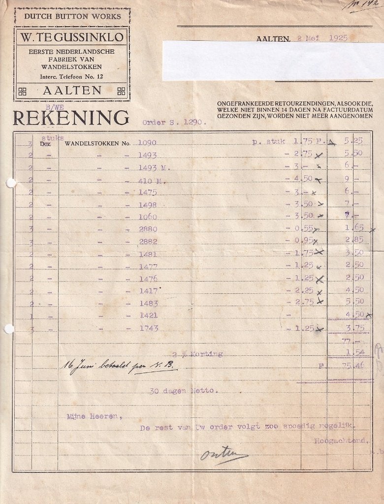 Aalten 2 facturen W.te Gussinklo, wandelstokken 1925, Ophalen of Verzenden, Gebruikt