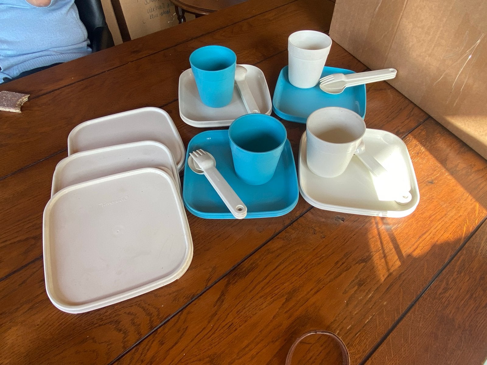 Tupperware Campeerset - 4 Borden, Bekers, Bestek, 3 Deksel, Gebruikt, Met bestek, Blauw, Overige typen