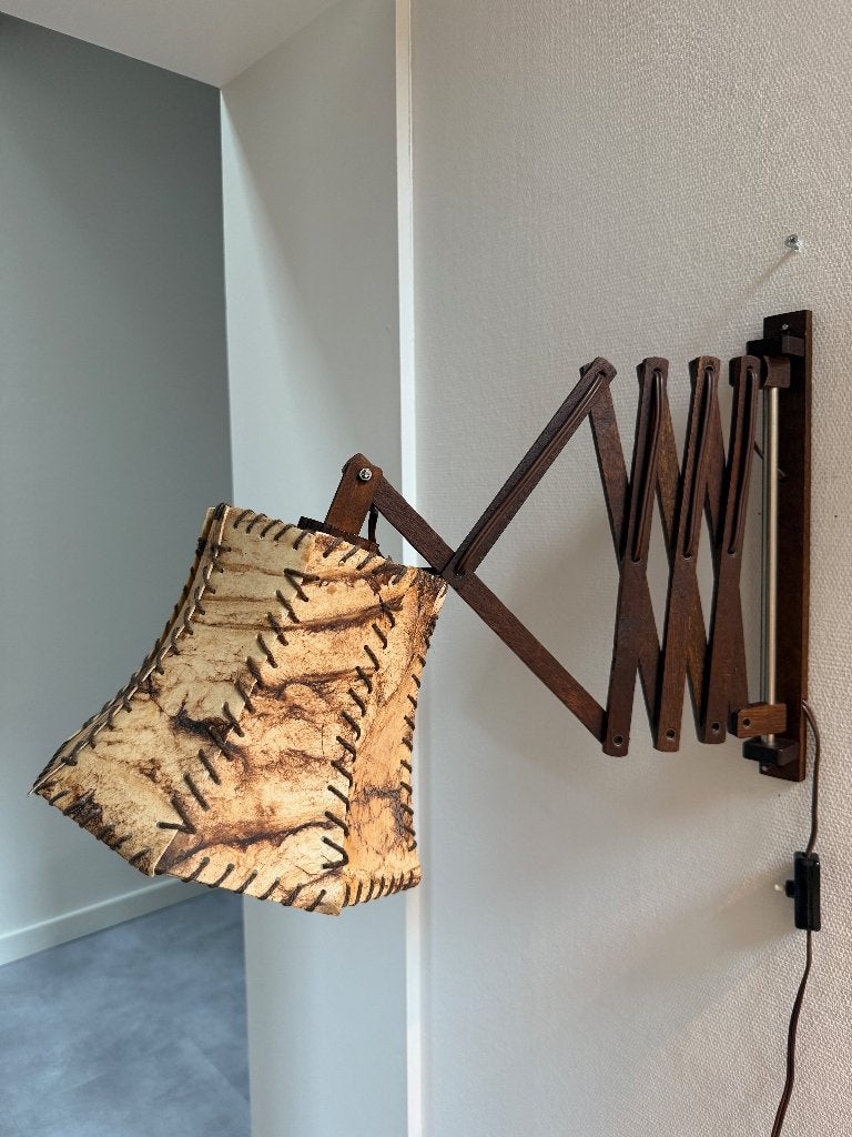 Vintage teakhouten schaarlamp wandlamp met originele kap, Gebruikt, Bruin, Wandlamp, Hout