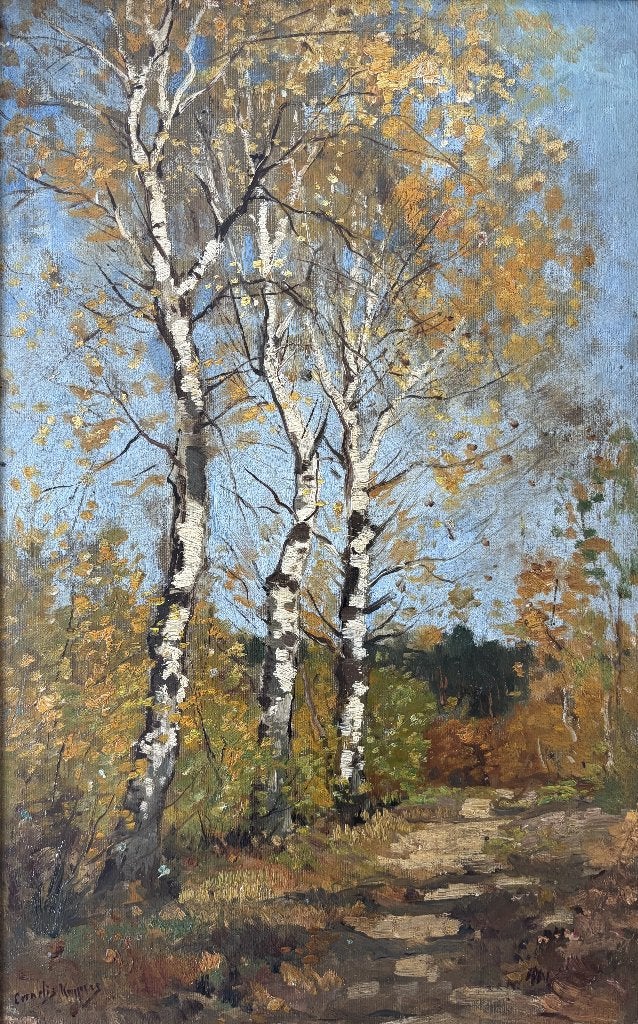 Cornelis Kuijpers (1864-1932) - Zandpad met berkenbomen, Doek, Ophalen of Verzenden, Landschap, Olieverf