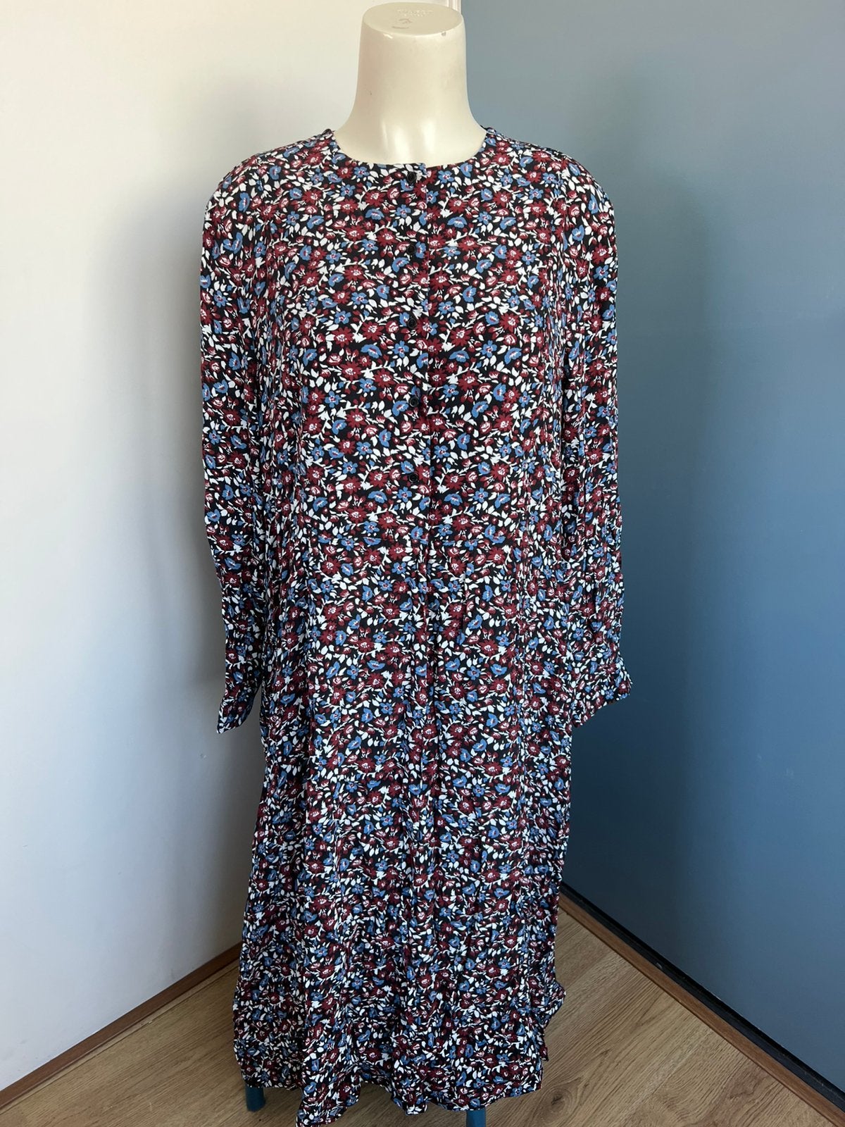 Zara zwart wijnrood lange jurk xl viscoss blauw bloemen, Meerkleurig, Zara, Maat 46/48 (XL) of groter, Nieuw