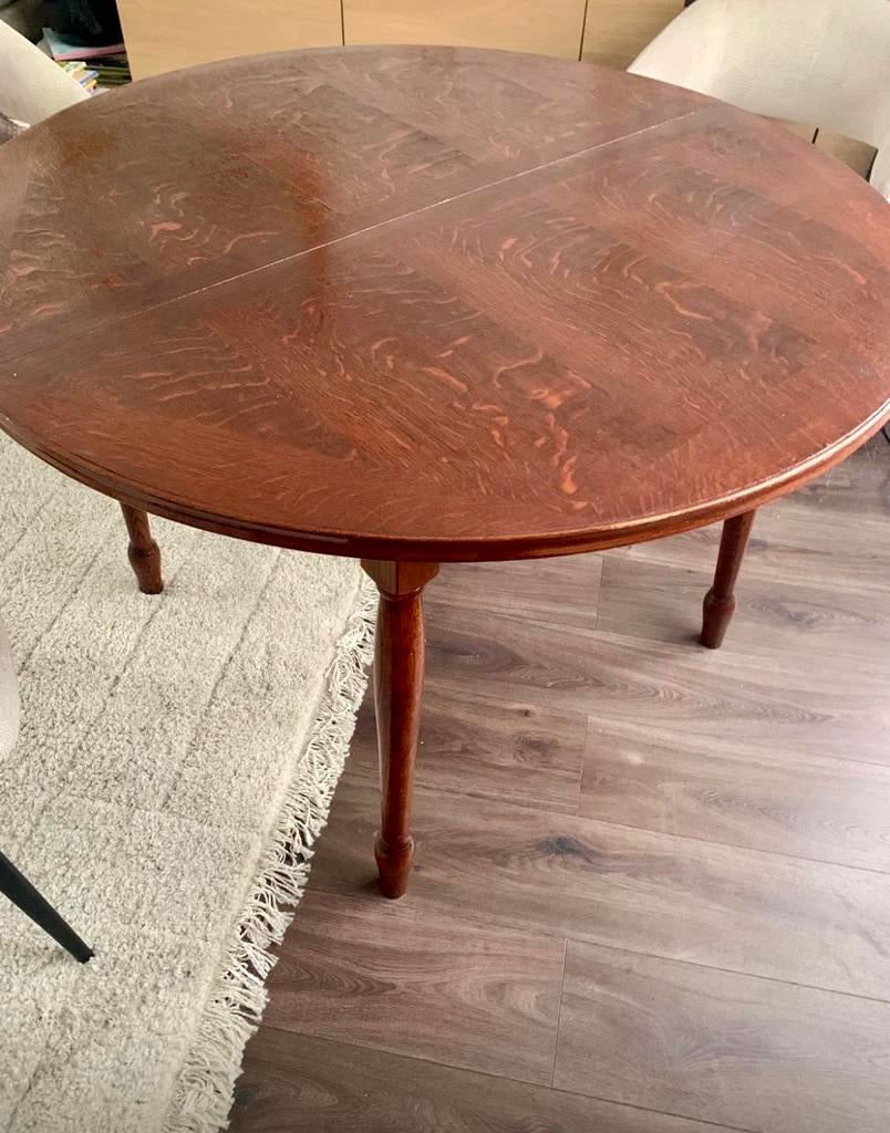 Antieke ronde houten eettafel, uitschuifbaar, eikenhout, Ophalen