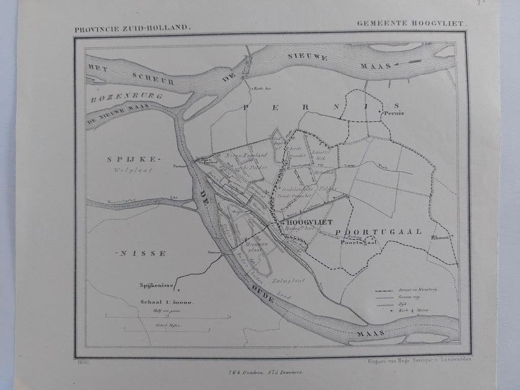 75 / Hoogvliet Poortugaal Pernis Spijkernisse Litho uit 1866, Ophalen of Verzenden