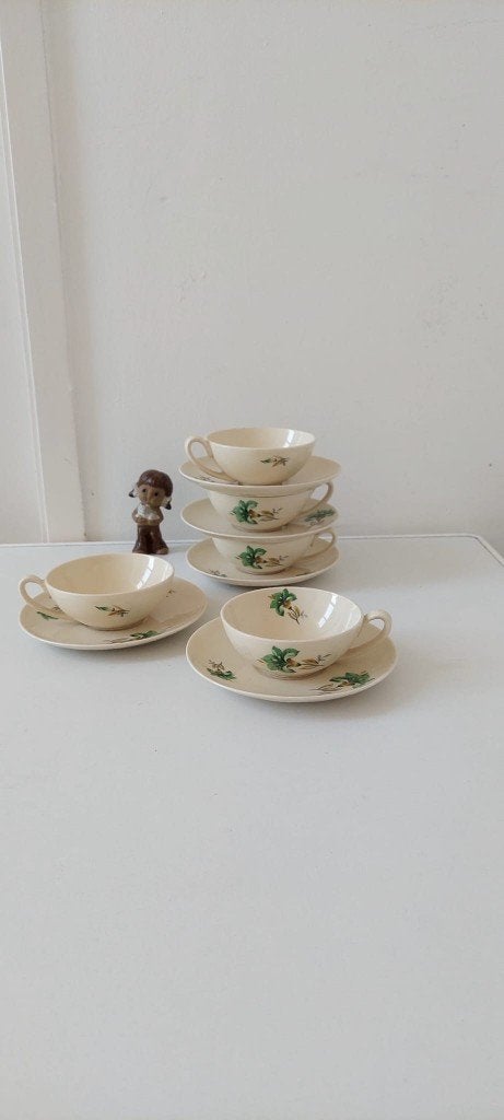 5 Vintage ongemerkte kop en schotels – stijl Petrus Regout, Ophalen of Verzenden