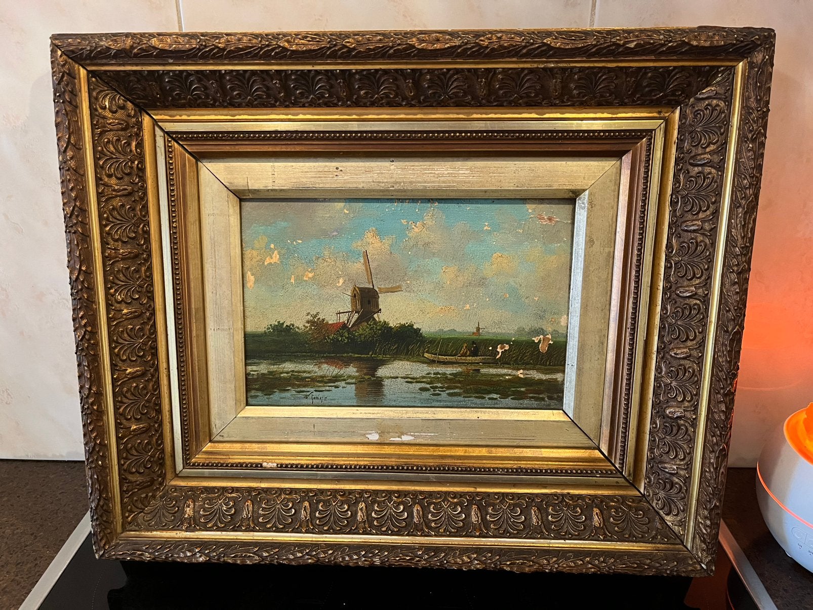 Antiek olieverf romantisch landschap schilderij, Ophalen
