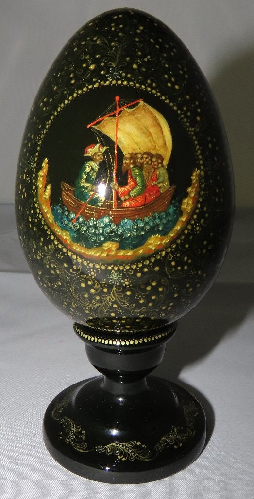 Russisch lak ei 4x op voetje 6x, Palekh beschilderingen, Natuurlijk materiaal, Verzenden, Overige typen, 9 cm