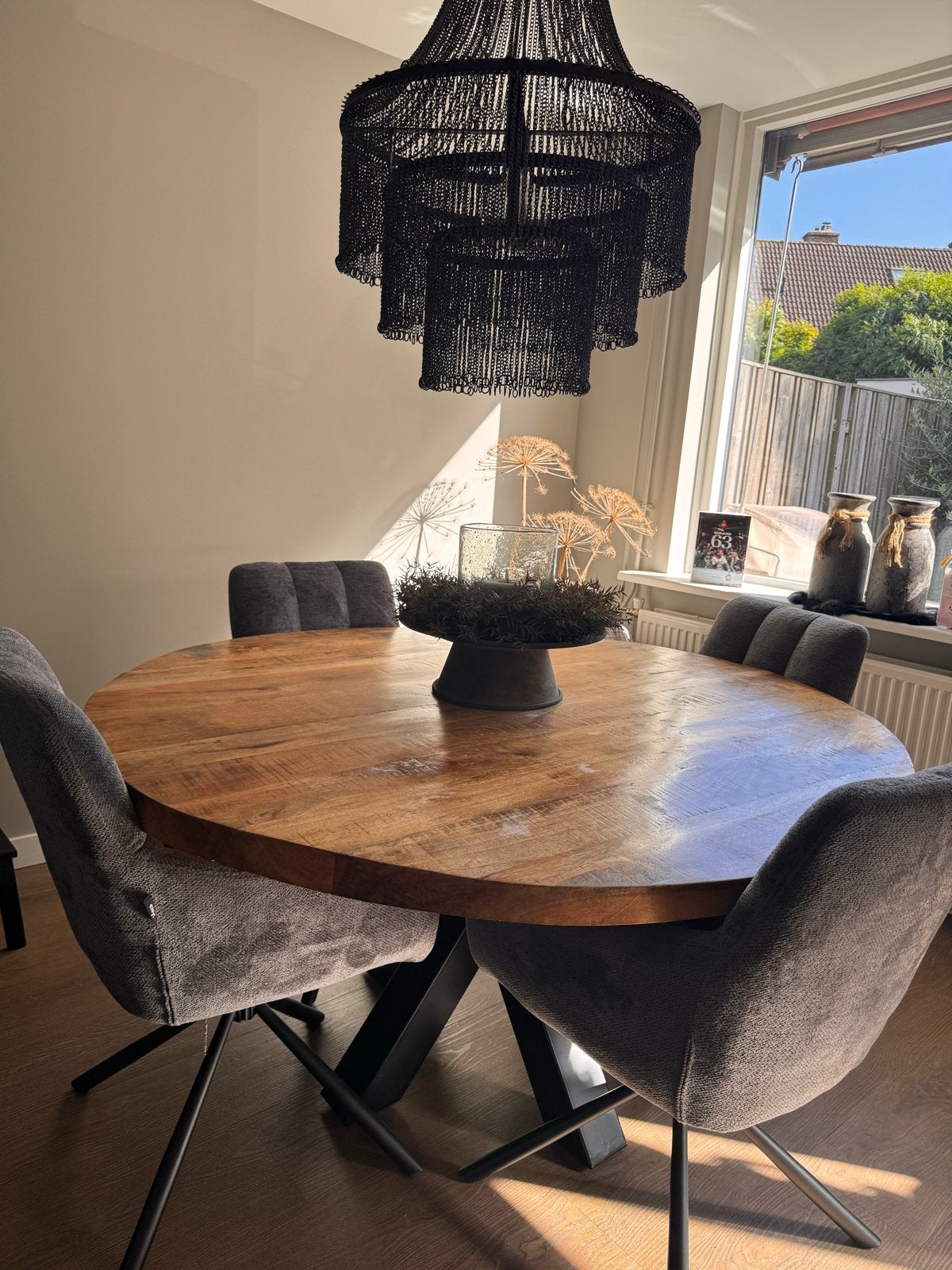 Ronde eettafel van mangohout - diameter 150 cm, Ophalen, Gebruikt, 150 tot 200 cm, Rond
