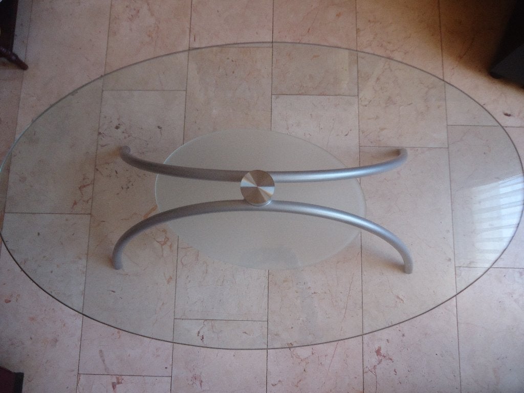 Elegante ovalen glazen salontafel onderstel metaal, Ophalen, 100 tot 150 cm, 50 tot 100 cm, Zo goed als nieuw