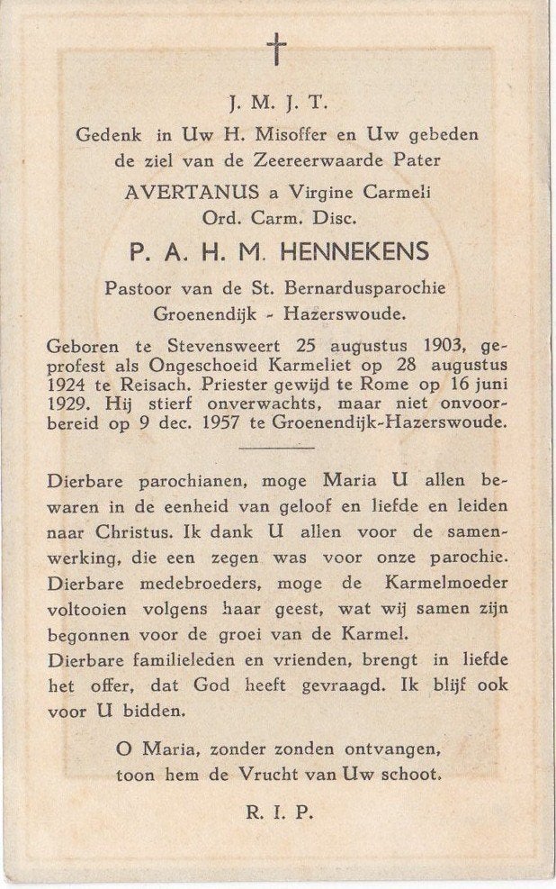 pastoor P. Hennekens 1903 Stevensweert + 1957 Hazerswoude, Verzamelen, Verzenden