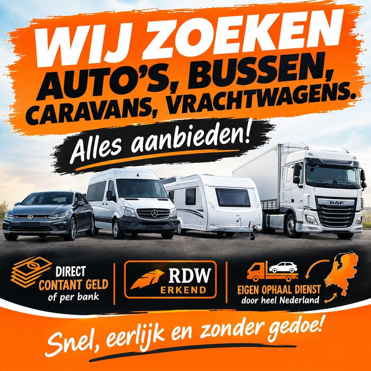 Gezocht autos bussen caravans vrachtwagens loop of sloop, Ophalen of Verzenden, Nieuw