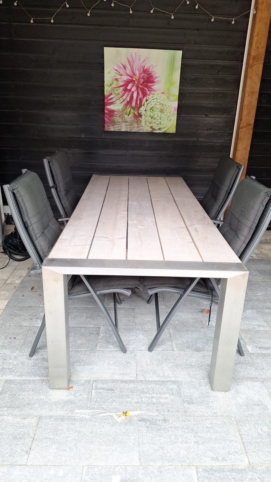 Tuinset: RVS tafel (238x100x76) met 4 Bellagio stoelen, Ophalen, Gebruikt, Rechthoekig, Rvs