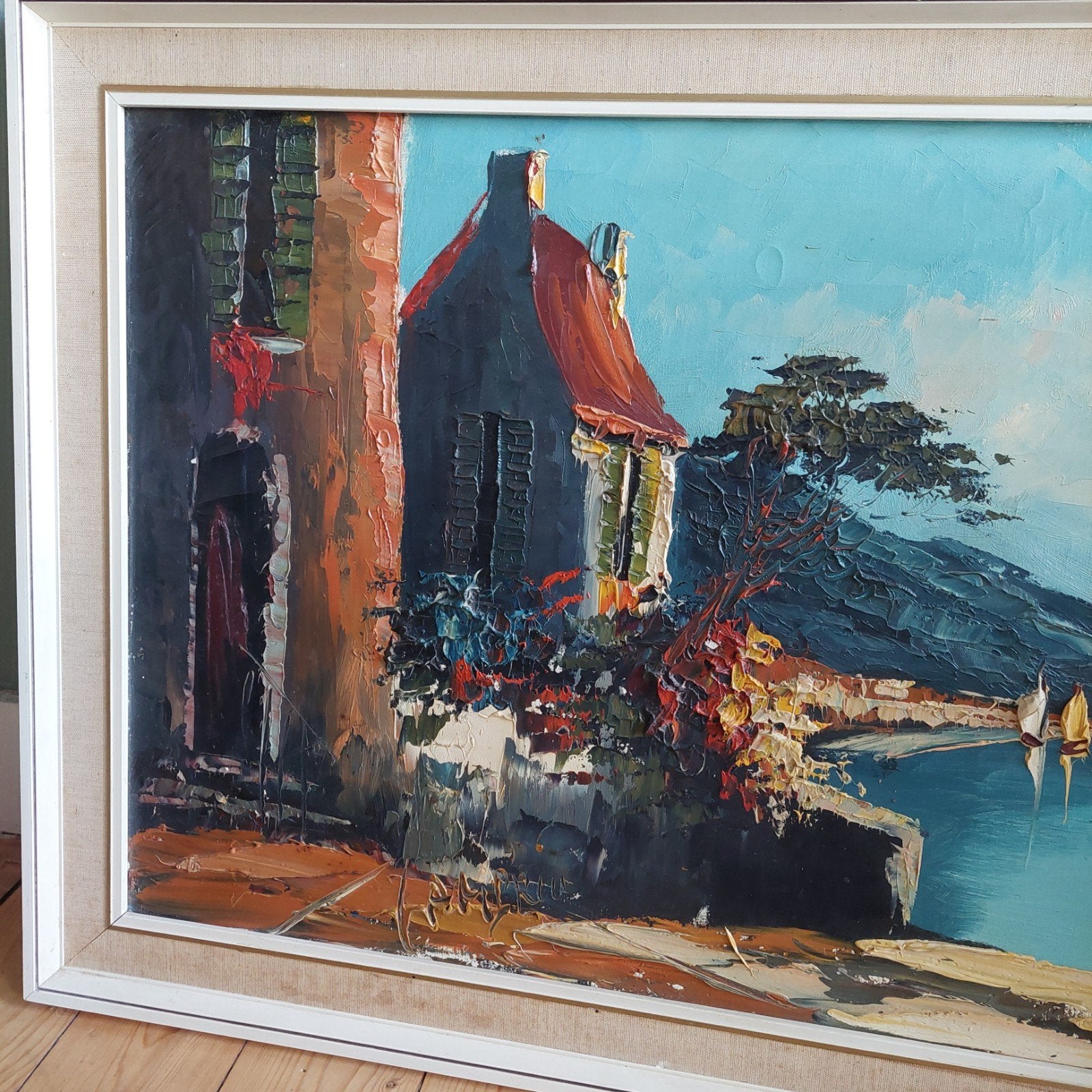 Lucky Vintage groot midcentury schilderij handgeschilderd, Ophalen, Maritiem / water, Overige ondergronden, Impressionistisch