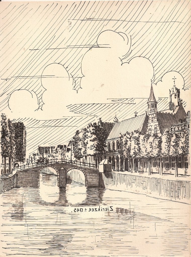 Zierikzee  1745 tekening Sievers ca. 1948, Antiek en Kunst, Ophalen of Verzenden, Tekening, Pentekening, Handgemaakt