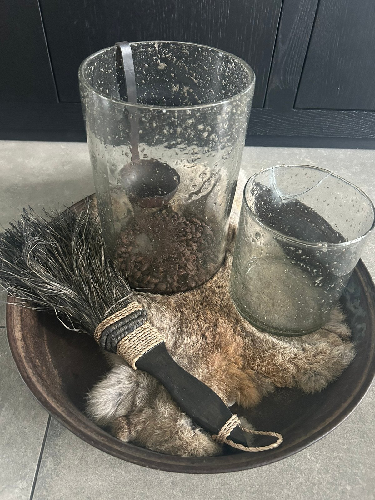 Dienblad rond met bubbelglas windlicht en kwast landelijk, Ophalen, Zo goed als nieuw, Rond, Glas
