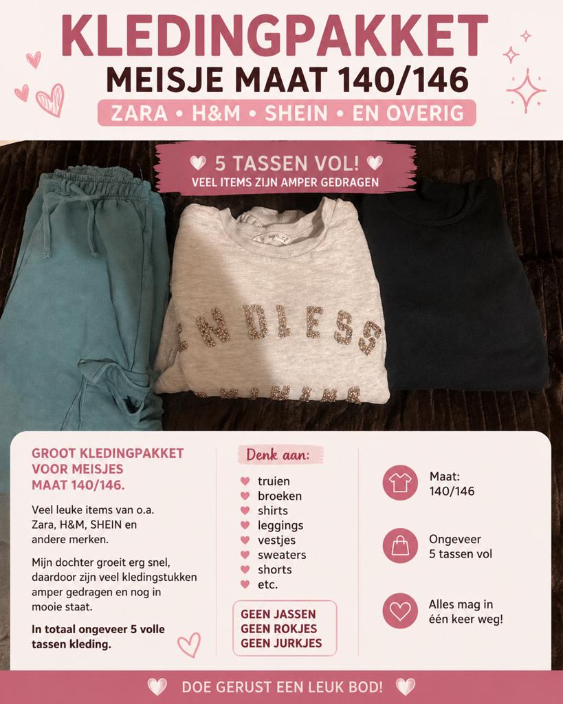 Groot Kledingpakket Meisje Maat 140/146 - 5 Tassen Vol!, Kinderen en Baby's, Kinderkleding | Overige, Ophalen of Verzenden, Gebruikt