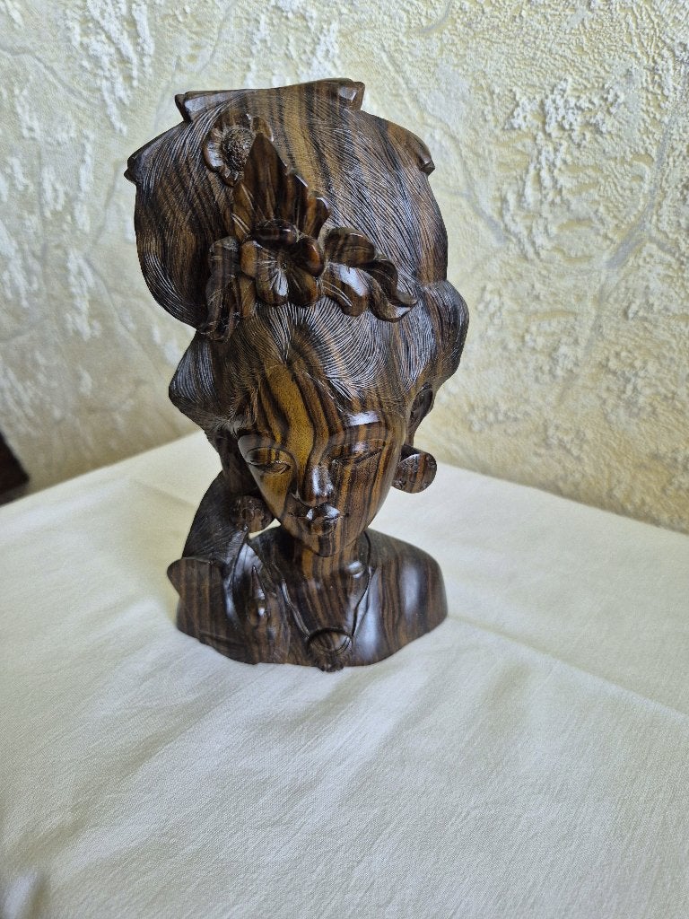 Vintage Balinees Houten Borstbeeld - Vrouw met Bloem, Antiek en Kunst, Ophalen of Verzenden