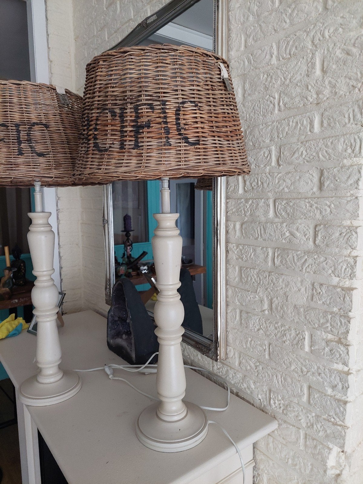 Set van 2  Tafellampen  met Riviera Maison  Rotan Kappen, Gebruikt, Natuurlijk materiaal, Riviera Maison, E27 (groot)
