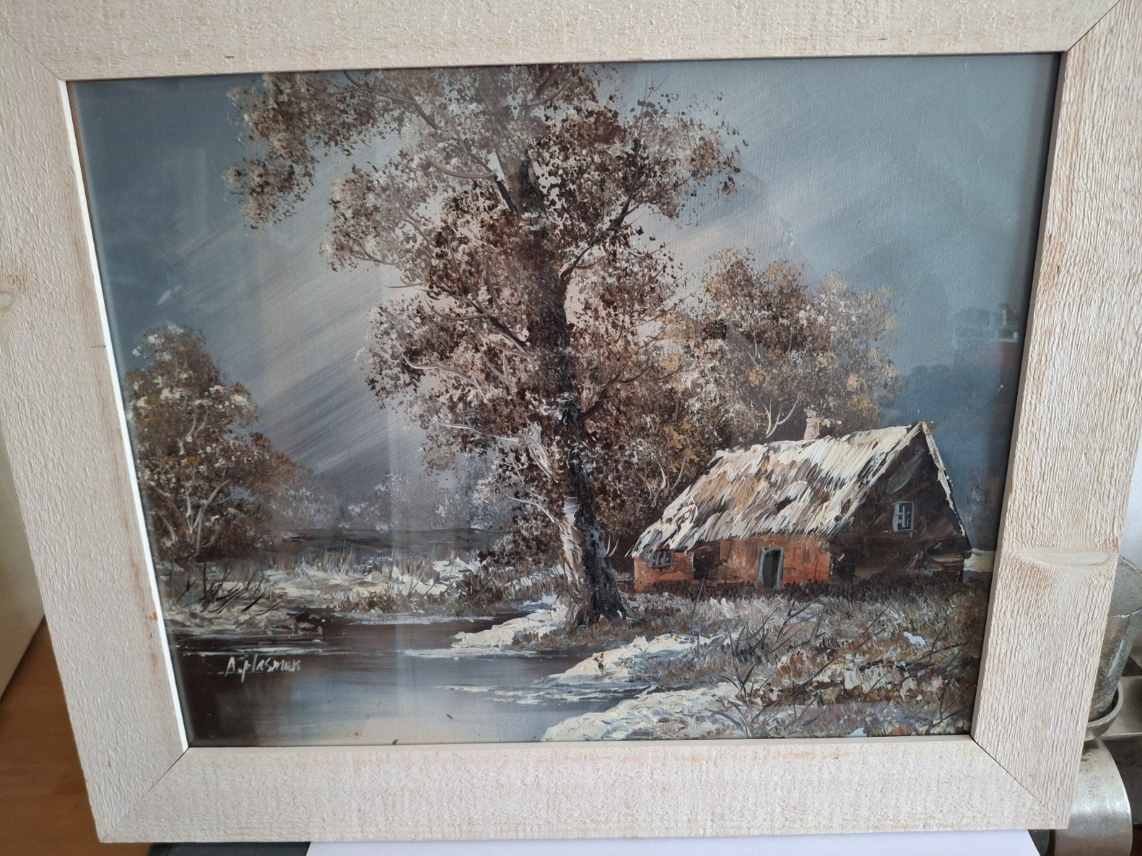 Schilderij Winterlandschap met huisje - Gesigneerd, Ophalen