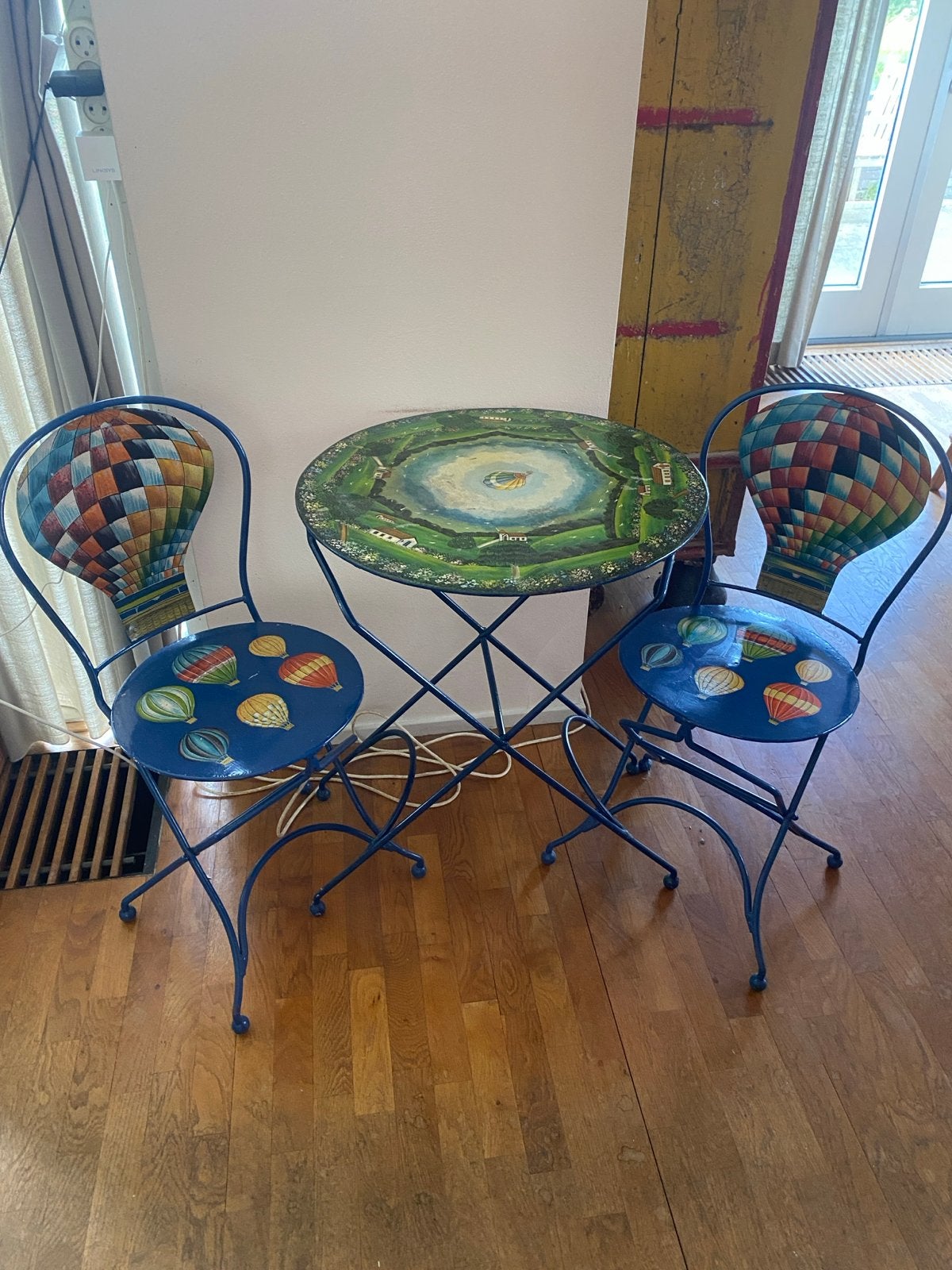 Bistro set metaal handbeschilderd luchtballonnen, Ophalen, Twee, Blauw, Zo goed als nieuw