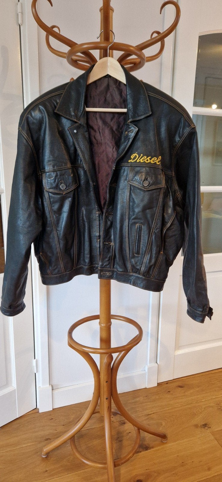 Vintage Diesel leren jas - Zwart met gele details, Maat 52/54 (L), Diesel, Zwart, Ophalen of Verzenden