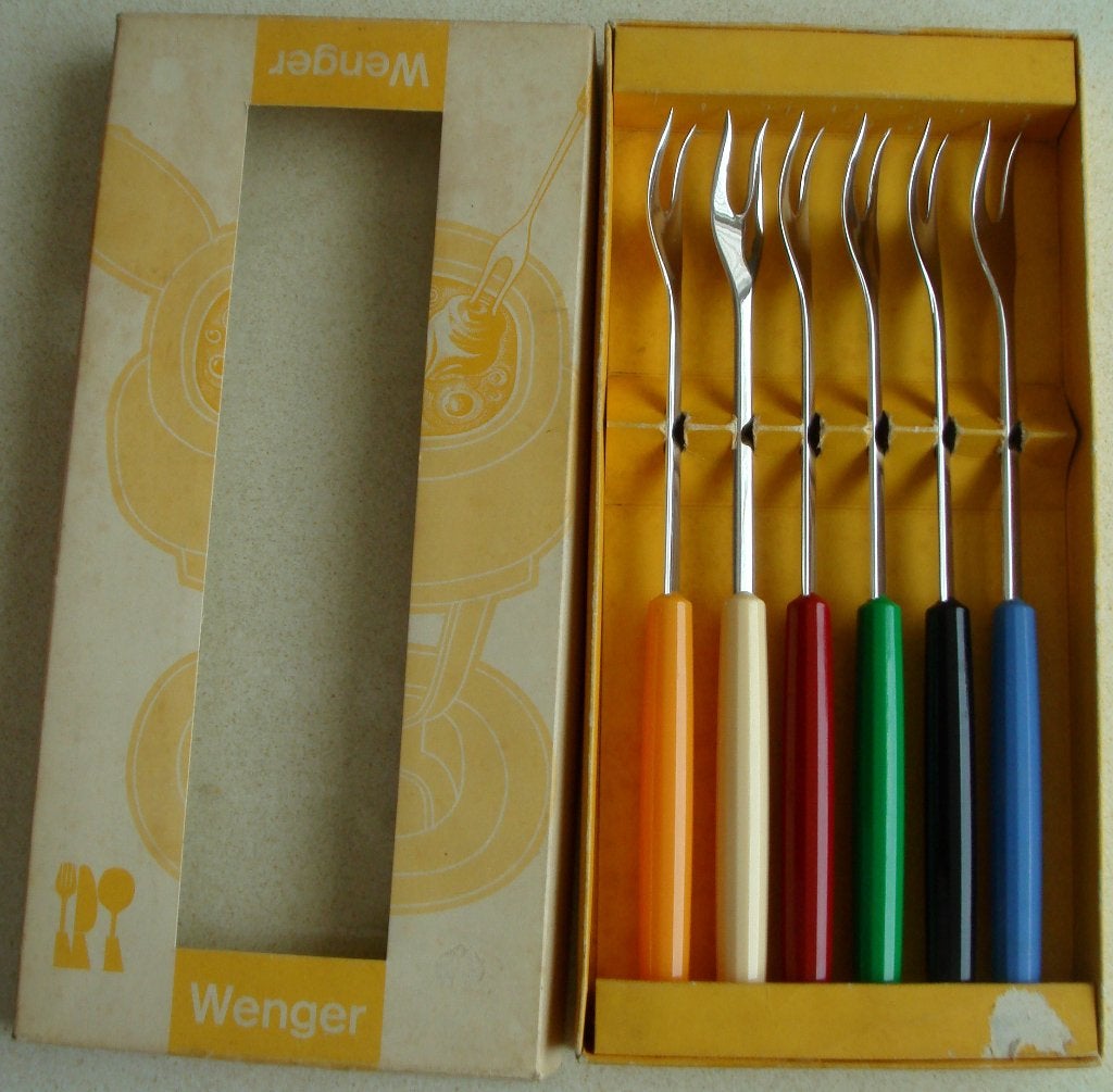retro geribbelde Zwitserse Wenger fonduevorken € 8,50, Ophalen of Verzenden, Zo goed als nieuw, Rvs of Chroom