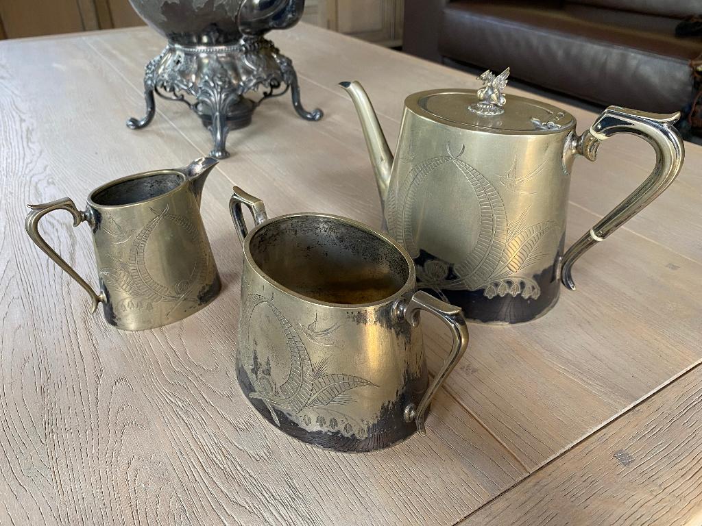 Antieke Engelse theepot melkkannetje suikerpot (verzilverd), Antiek en Kunst, Ophalen of Verzenden