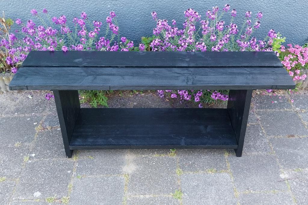 Zwart Steigerhouten Tuinbankje / Plantenbankje 150x41x53 CM, Ophalen, Gebruikt, Hout