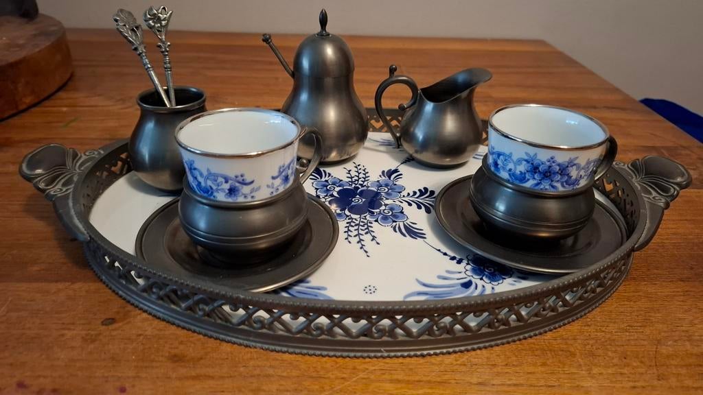Antiek Delfts Blauw Porseleinen Dienblad met Tin Set, Ophalen of Verzenden