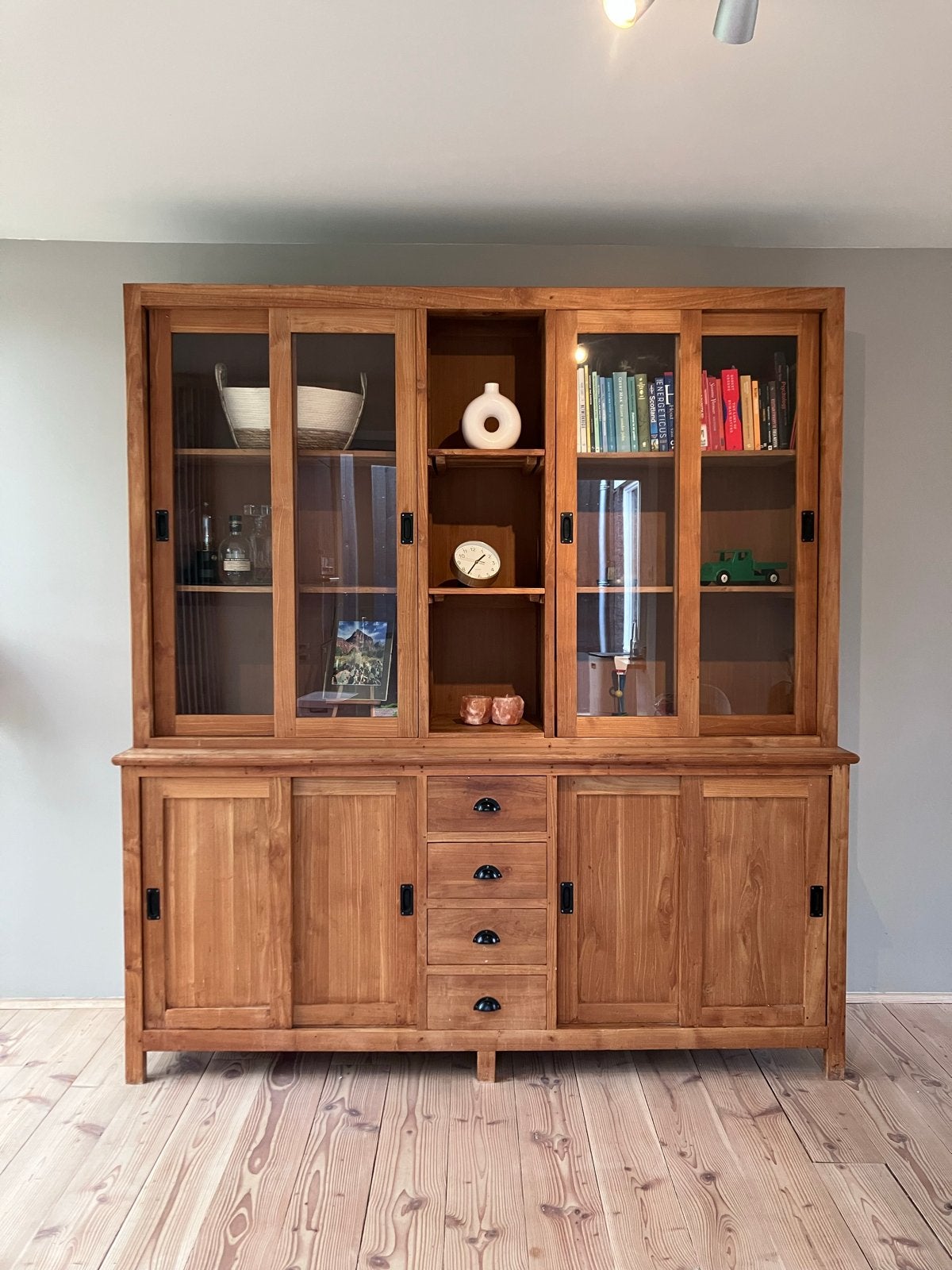 Teak houten Dressoir/Buffetkast met Vitrine, Ophalen, Gebruikt, Teakhout, 200 cm of meer