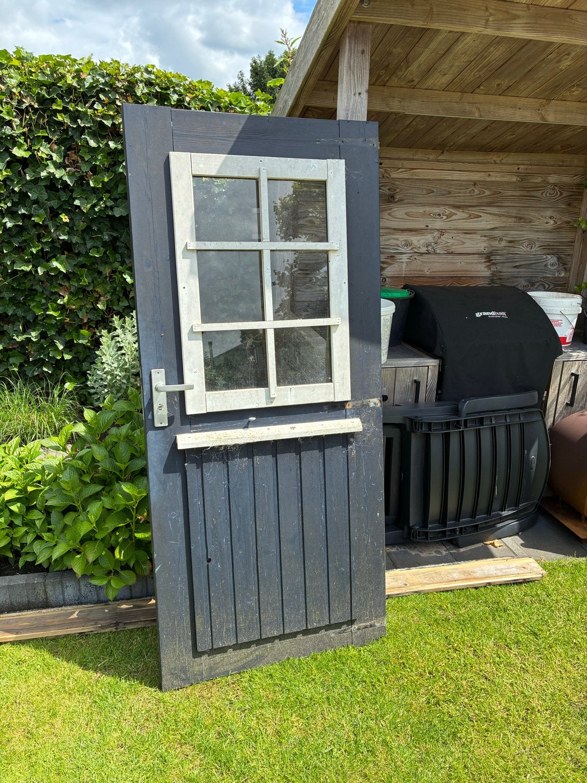 Donkerblauwe houten tuinhuis deur met glas, 185x82cm, Ophalen, Gebruikt, 80 tot 100 cm, Minder dan 200 cm