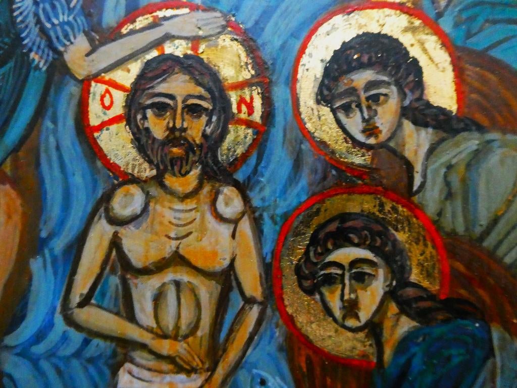 Handgeschilderd Icoon De Doop Jezus Christus, goud verguld, Antiek en Kunst, Antiek | Religie, Ophalen of Verzenden