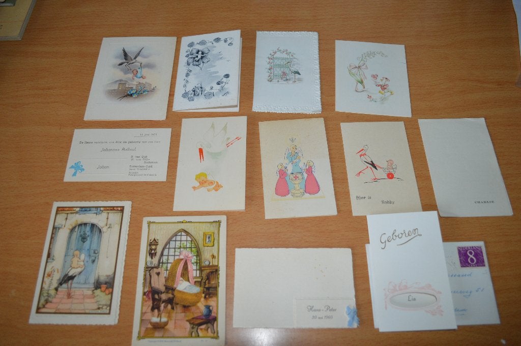 13 leuke hele oude geboorte kaartjes  vanaf 1943, Ophalen of Verzenden, Voor 1970, Geboortekaartje