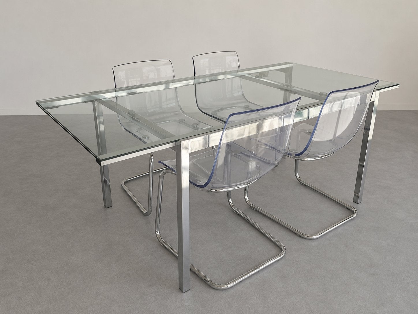 Glazen uitschuifbare eettafel met 4 stoelen, Ophalen, Gebruikt, 100 tot 150 cm, 50 tot 100 cm