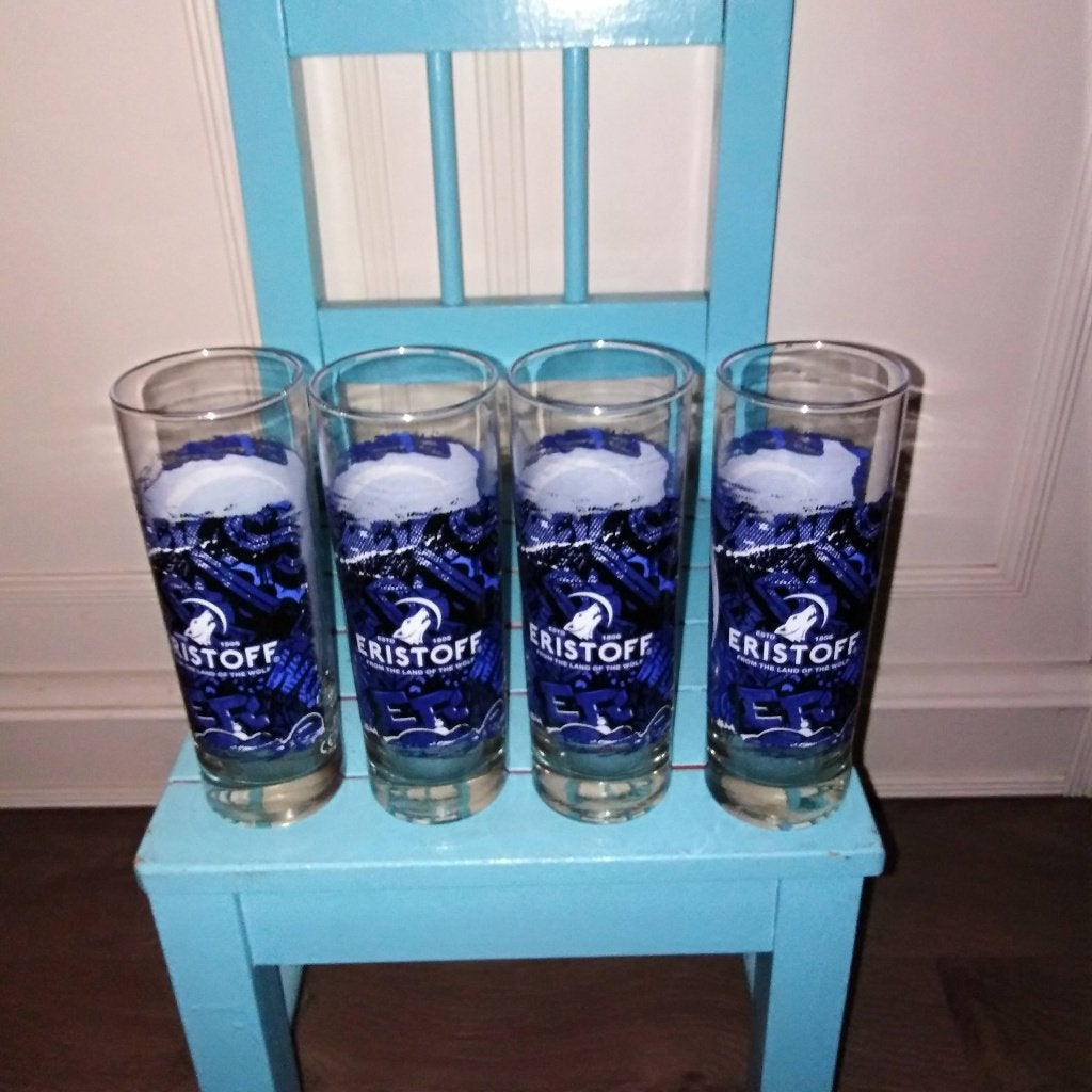 Eristoff Vodka longdrinkglazen wolfskoplogo 4 stuks, Verzamelen, Ophalen, Zo goed als nieuw, Overige typen