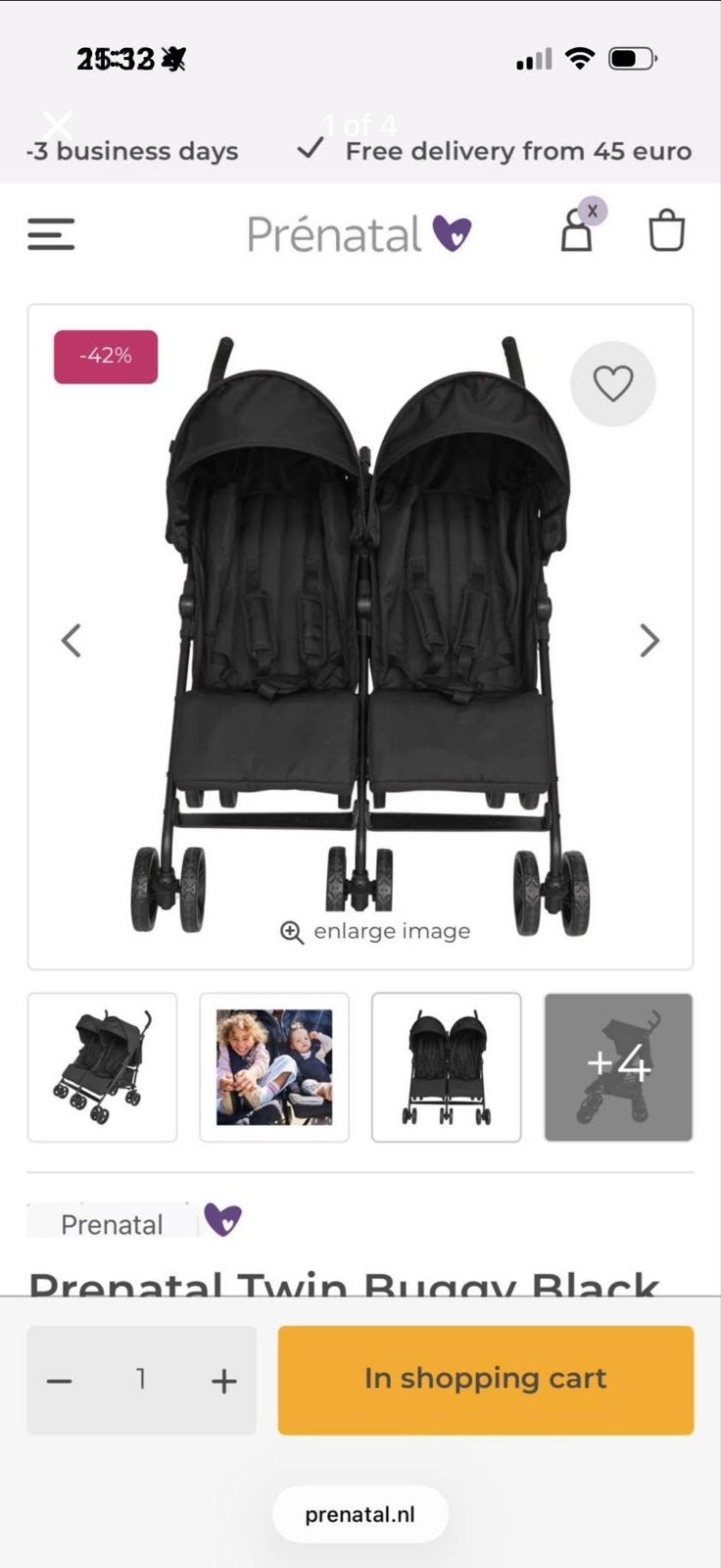 Prénatal Twin Buggy Zwart - Nieuw in doos, Ophalen, Nieuw, Overige merken, Duomodel