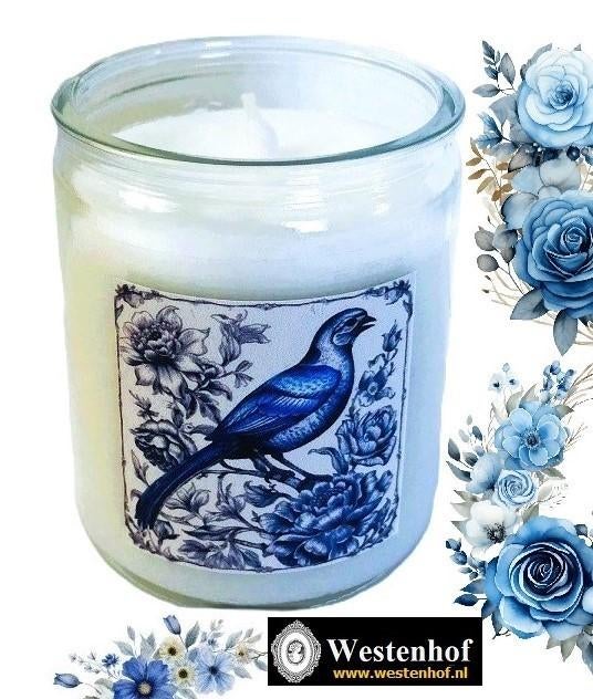 Kaars in glas wit - delfts blauw vogel - Incl. cadeau zakje, Overige materialen, Verzenden, Wit, Nieuw