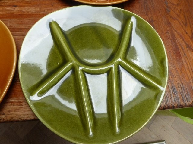 8 vintage keramiek fondueborden, groen en oker, Ophalen of Verzenden