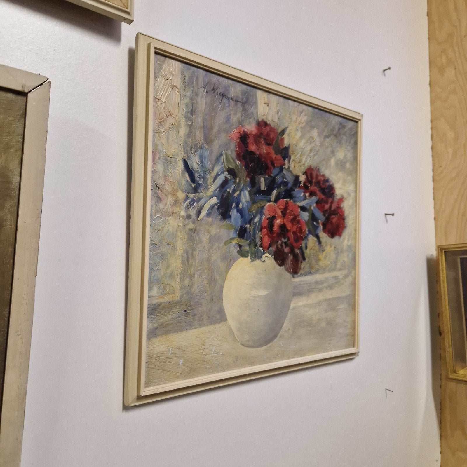vintage schilderij bloemen op vaas stilleven olieverf op, Bloemen, Doek, Ophalen of Verzenden, Handgeschilderd
