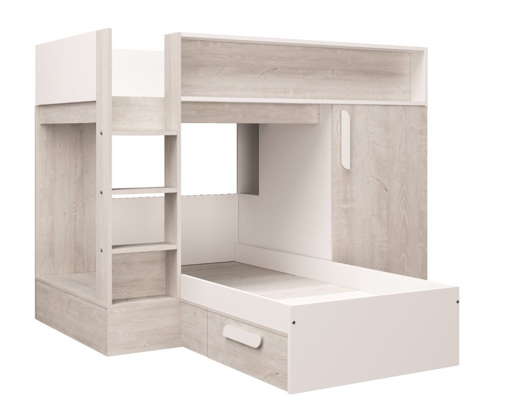 Fano hoekstapelbed met kast en lade - 90x200 - Wit/witgrenen, Niet ingevuld, Niet ingevuld, Niet ingevuld