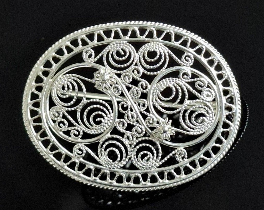 Schitterende Ovale Sterling Zilver Filigrein Broche, Ophalen of Verzenden, Zilver, Broche