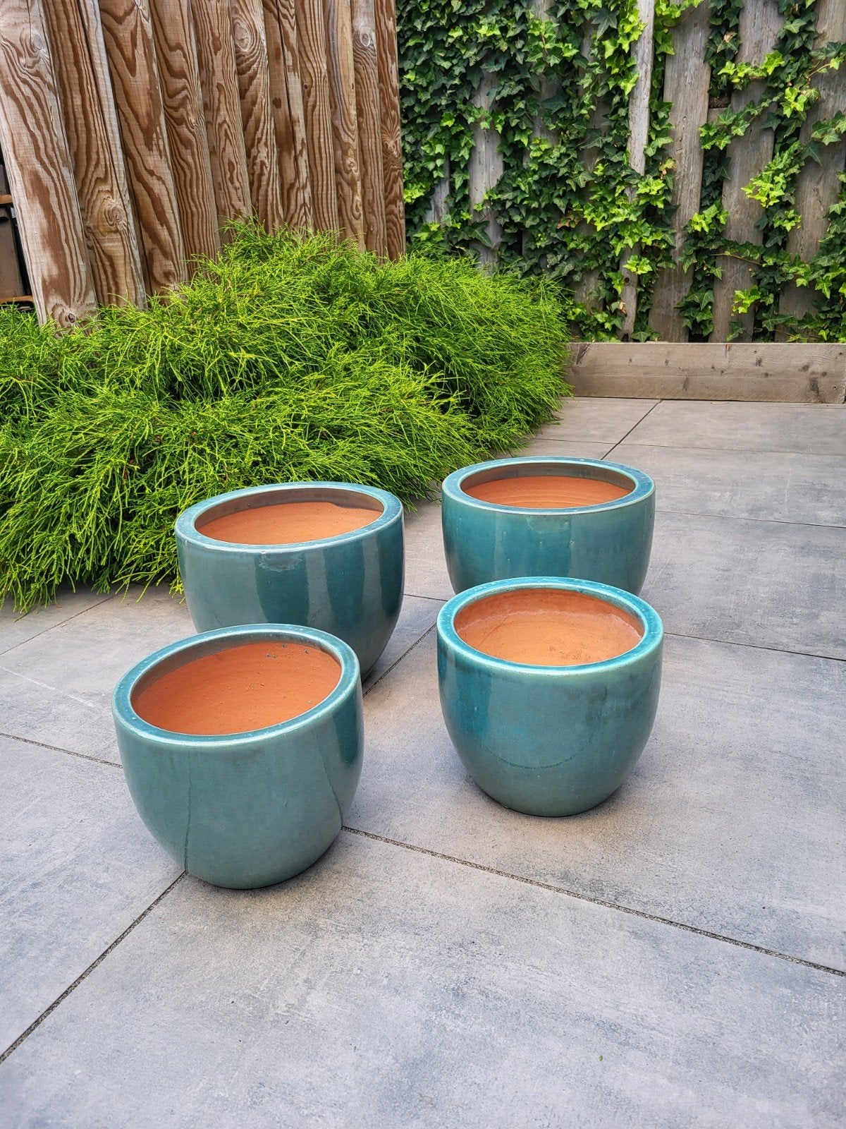 Leuke turquoise plantenpotten, Tuin en Terras, Ophalen, Rond, Aardewerk, Minder dan 40 cm