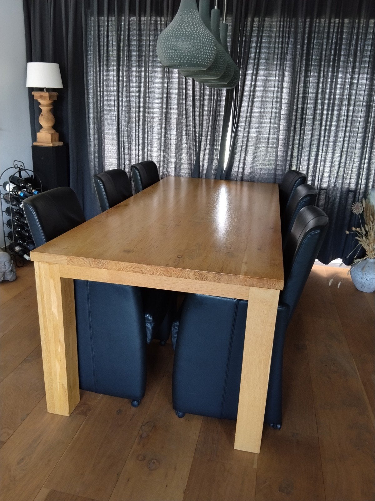 Massief eiken eettafel (mat gelakt )met leren stoelen, Huis en Inrichting, Ophalen, Gebruikt, 100 tot 150 cm, Eikenhout