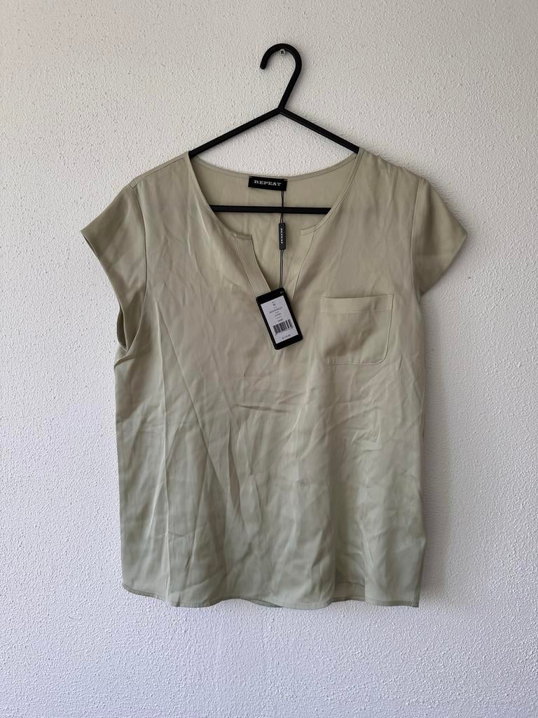 Repeat Cashmere Zijden Top Maat 38 (S) Seaweed Groen, Kleding | Dames, Verzenden, Nieuw, Korte mouw, Maat 36 (S)
